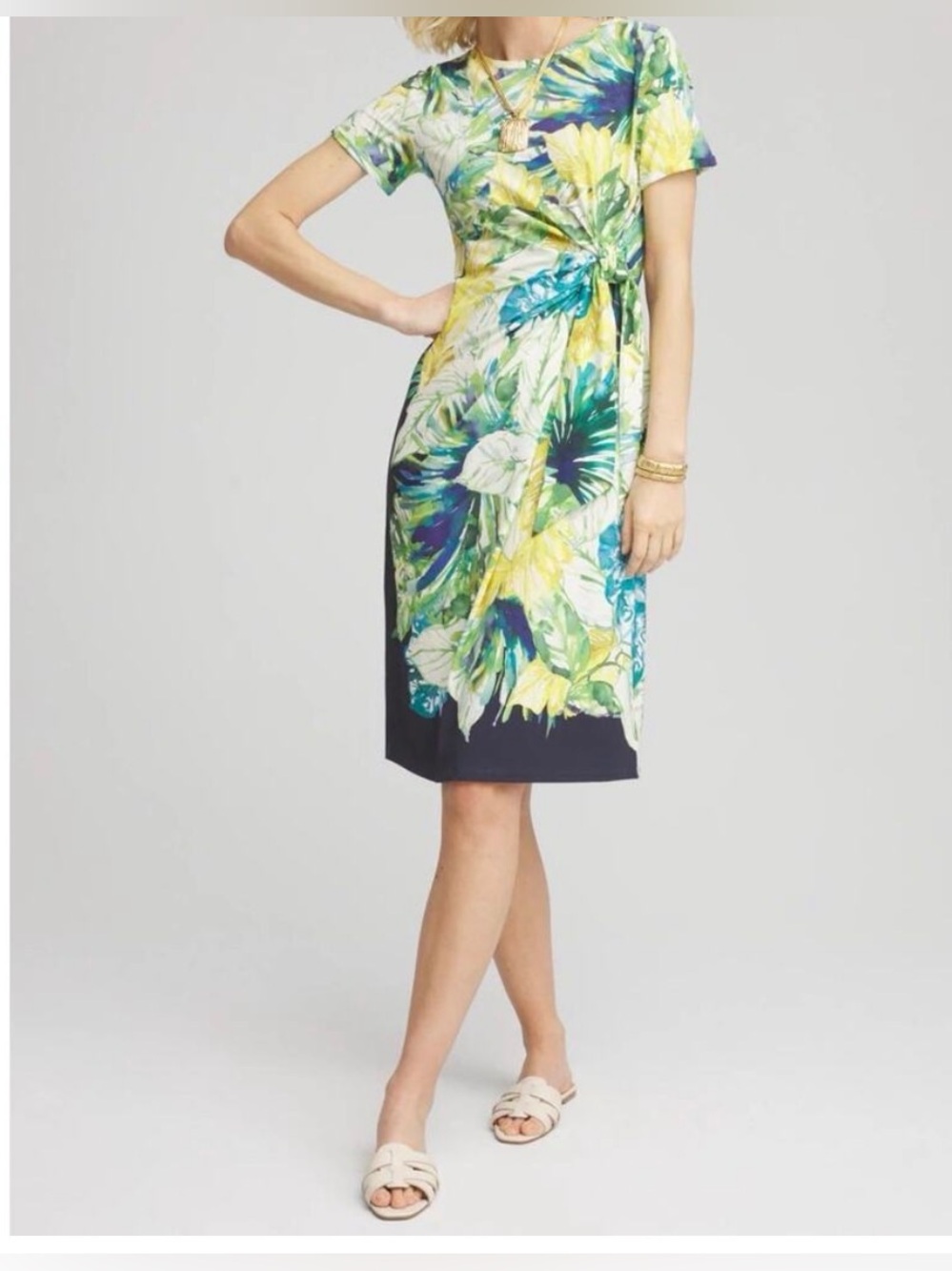 Chico's Twist-Front Tropical Floral Dress - Blue Yellow Midi Sz 1 (Small) - Picture 4 of 11